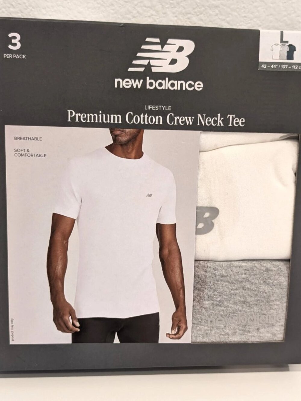 New Balance Mens 3 Pack Premium Cotton Crew Neck Tees White Grey Green L New